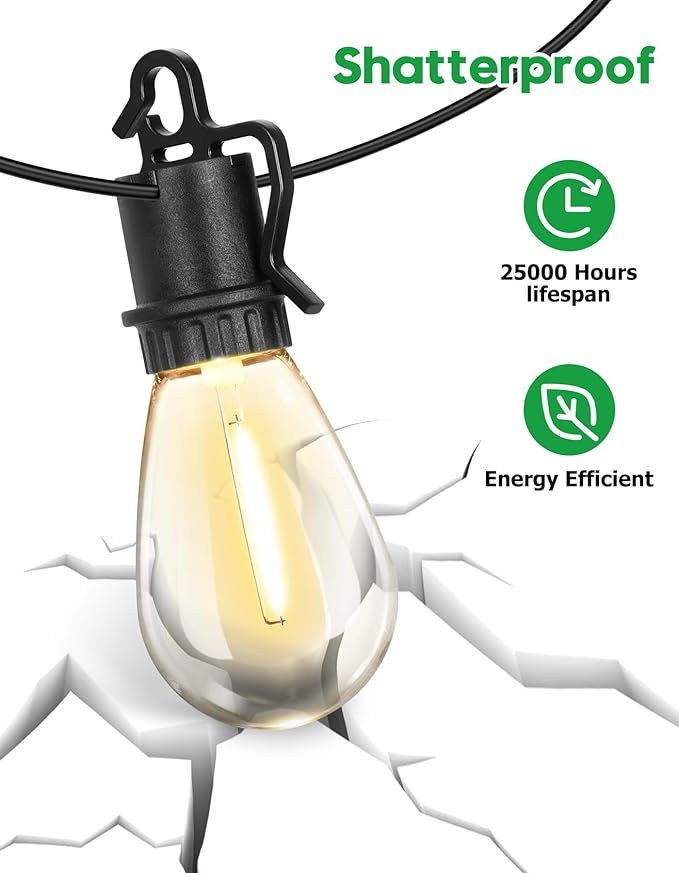 200FT Outdoor String Lights with 70 Shatterproof S14 Vintage Edison Bulbs E12 Sockets,2700K Dimmable Outdoor Lights,IP55 Waterproof LED String Lights for Outside, Patio, Garden, Backyard,Bistro