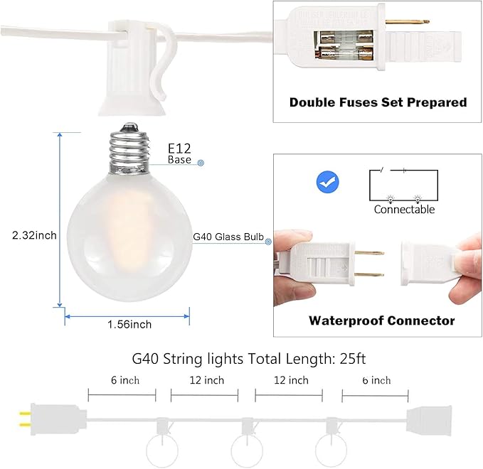 Christmas Patio String Lights, 25ft 40 LED Waterproof