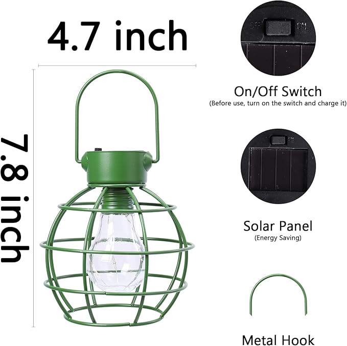 2 Pack Solar Lanterns Outdoor Hanging Lights, Metal Solar Lantern Outdoor Waterproof Auto On/Off Solar Light for Patio Backyard Pathway Porch, Green