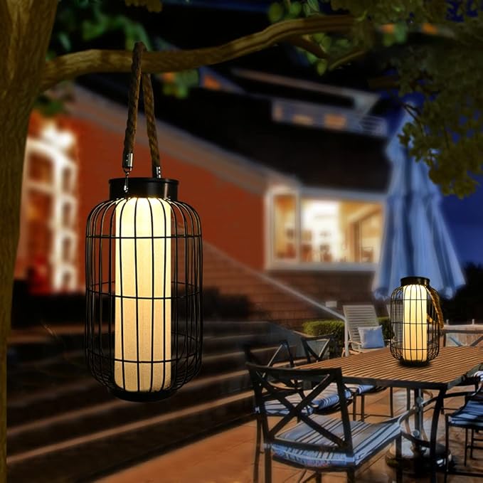 Large Outdoor Solar Lanterns Hanging Light Waterproof LED Garden Lights solar powered Retro Metal Auto On Off Table Lamp for Garden Patio Porch Lawn Pathway Walkway Tabletop Decorative(Black)