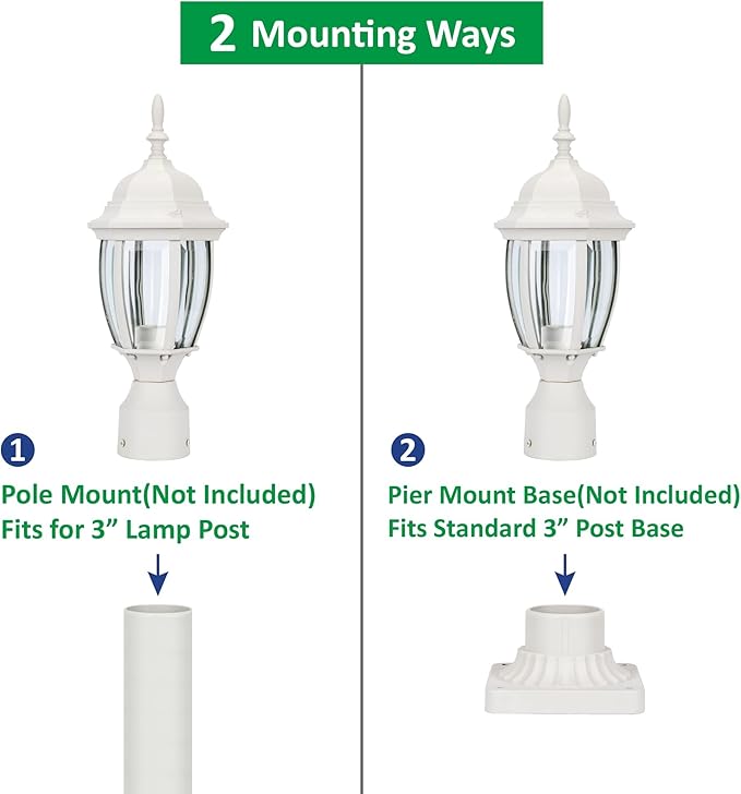 LIT-PaTH LED Outdoor Post Lighting Fixture, Pole Lantern, 9.5W 800 Lumens, 3000K Warm White, Aluminum Housing Plus Glass, Matte White Finish, 2-Pack
