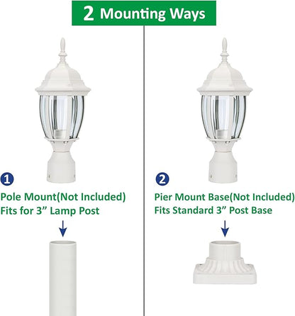 LIT-PaTH LED Outdoor Post Lighting Fixture, Pole Lantern, 9.5W 800 Lumens, 3000K Warm White, Aluminum Housing Plus Glass, Matte White Finish, 2-Pack