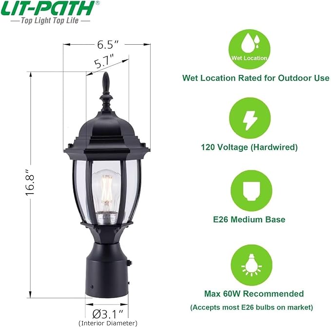 Outdoor Lamp Post Light, Black Weatherproof Post Light