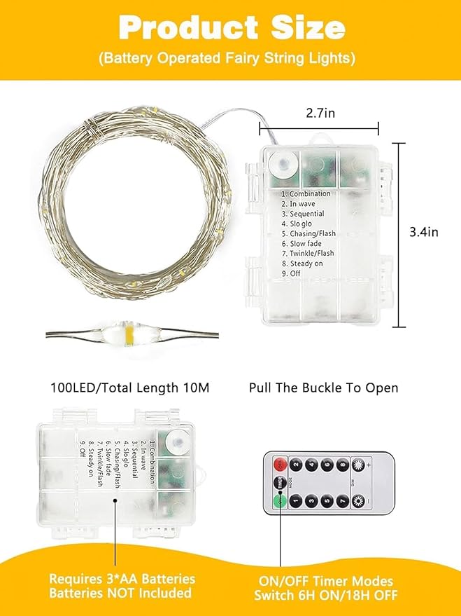 6 Pack 100LED Christmas Battery Operated Fairy Lights with Remote, 8 Modes String Light with Timer, Dimmable, Memory Function, Waterproof Twinkle Lights for Outdoor Indoor Christmas Decor(Warm White)