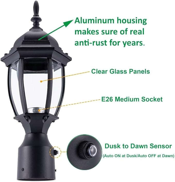 LIT-PaTH Dusk to Dawn Outdoor Post Lighting Fixture Pole Lantern, E26 Medium Base Max 60W, Aluminum Housing Plus Glass, Bulb Not Included (Black, 1-Pack)