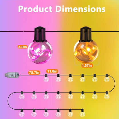 Outdoor String Lights, 25ft 20 Bulbs LED Color Changing Hanging Lights Dimmable with 220+ Scene Modes,App Control, Globe Bulb Waterproof for Outdoor Indoor Patio Backyard Balcony Garden Decor