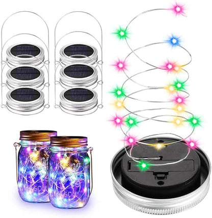 Solar Mason Jar Lights 6 Pack 20 Led Fairy Firefly Lights Mason Jar Lids String Lights with Hanger (Jars Not Included) Best for Mason Jar Outdoor Decor for Patio Garden Yard Lawn (Silver)