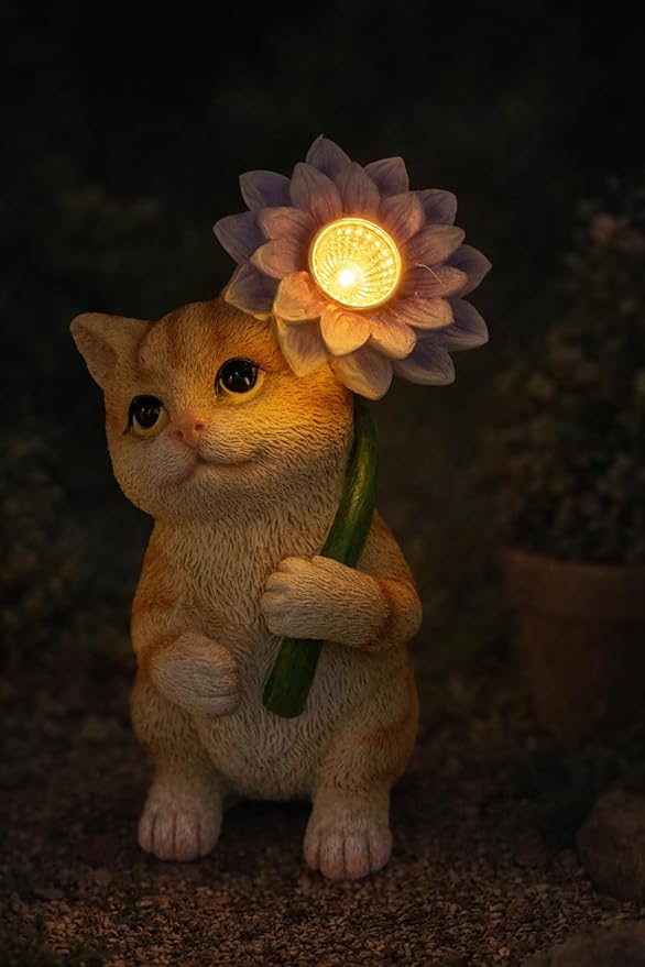 Solar Cat Garden Statue with LED Flower for Mom Woman – 6.5‘’ Hand-Painted Resin Outdoor Kitten Figurine, Automatic Night Light, Yard Patio Lawn Decor (Kitten)
