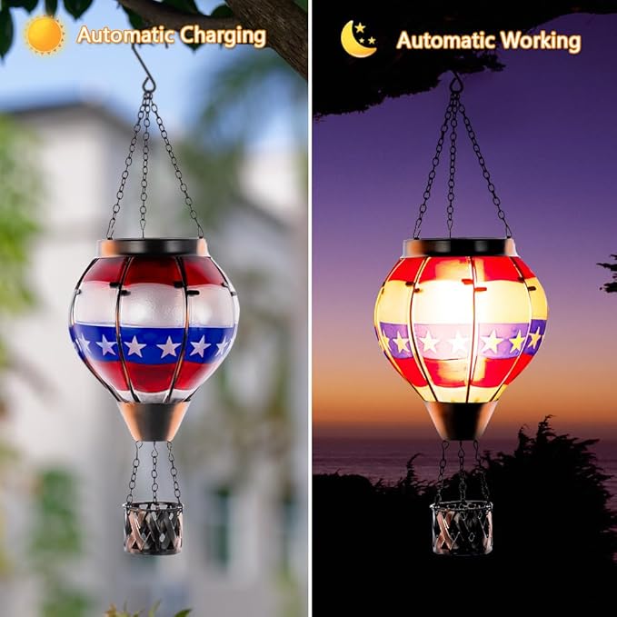 DREAMSOUL 2 PCS Flag Solar Hot Air Balloon Lantern with Flame, Hanging Waterproof Solar Lanterns Outdoor Waterproof Flag Day for Patio Garden Decor, Fourth of July Decorations