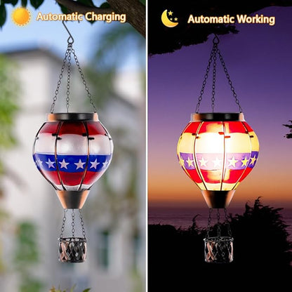 DREAMSOUL 2 PCS Flag Solar Hot Air Balloon Lantern with Flame, Hanging Waterproof Solar Lanterns Outdoor Waterproof Flag Day for Patio Garden Decor, Fourth of July Decorations