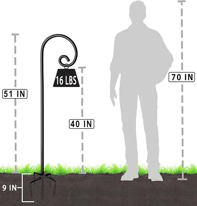 Outdoor Shepherd Hooks 60 inch Tall for Bird Feeder (2 Packs), Adjustable Metal Garden Poles for Hanging Plants Solar Light Lantern, Bright Black