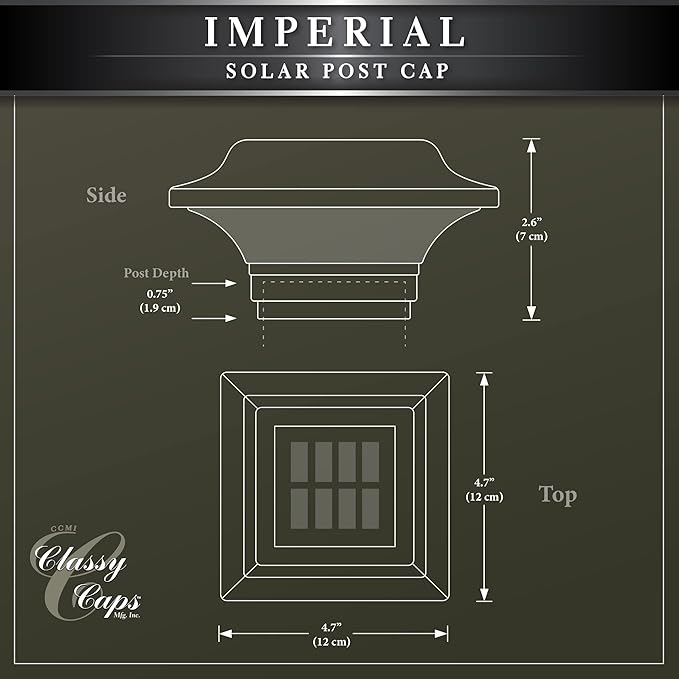 Classy Caps Imperial Solar Post Cap - Black SLO82B – Fits 2"x2", 2.25"x2.25", and 2.5"x2.5" Post Sizes, High-Performance Solar LED, Durable Cast Aluminum Construction, Warm & Cool Light Modes
