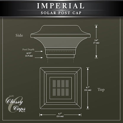 Classy Caps Imperial Solar Post Cap - Black SLO82B – Fits 2"x2", 2.25"x2.25", and 2.5"x2.5" Post Sizes, High-Performance Solar LED, Durable Cast Aluminum Construction, Warm & Cool Light Modes