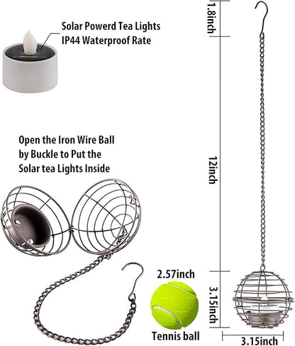 Solar Hanging Lanterns Outdoor Waterproof, Rust Iron Ball Candle Holder with Flickering Solar Powered Tea Lights, Perfect Chargeable Solar Lights for Backyard Patio Garden Fence Tree Decoration-4Pack