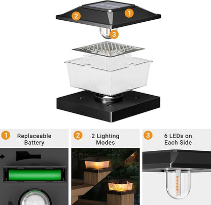 btfarm 4x4 Solar Flame Post Cap Lights Outdoor, 4 Pack Flickering Flame Fence Deck Post Lights, Waterproof Solar Powered Lighting Outside Fit 4x4 3.5x3.5 Wooden/Vinyl for Porch Patio Garden, Black Cap