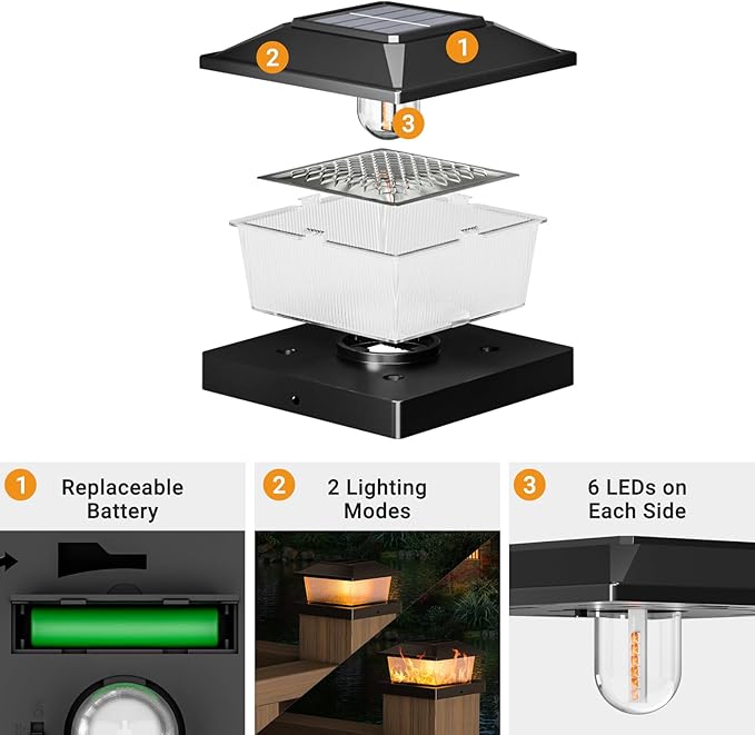 btfarm 4x4 Solar Flame Post Cap Lights Outdoor, 2 Pack Flickering Flame Deck Fence Post Lights, Waterproof Solar Powered Lighting Outside Fit 4x4 3.5x3.5 Wooden/Vinyl for Porch Patio Garden, Black Cap