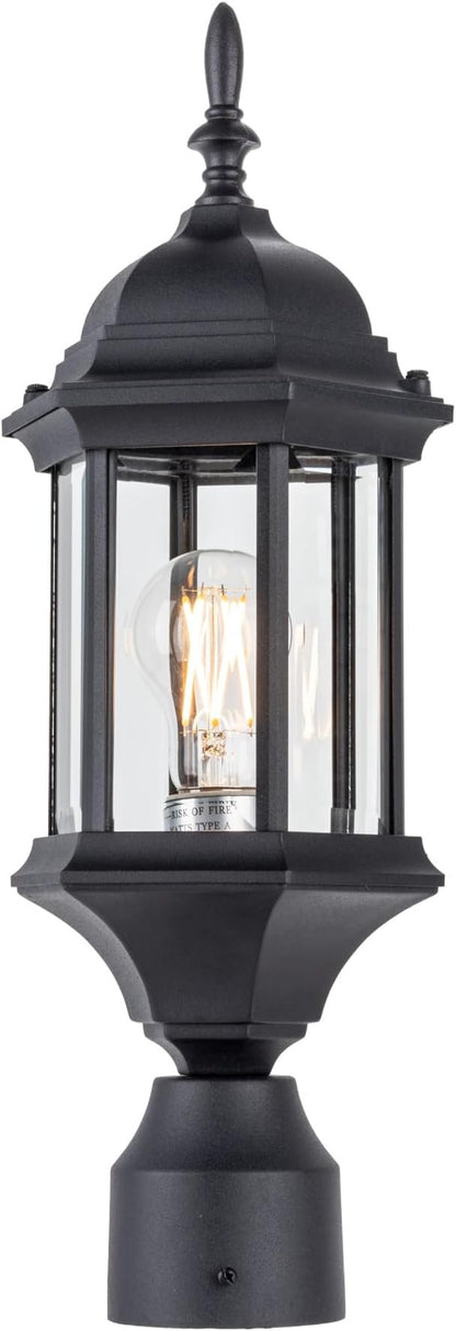 LIT-PaTH Outdoor Post Lighting Fixture Pole Lantern, E26 Medium Base Max 60W, Aluminum Housing Plus Glass, 1-Pack, Black Finish
