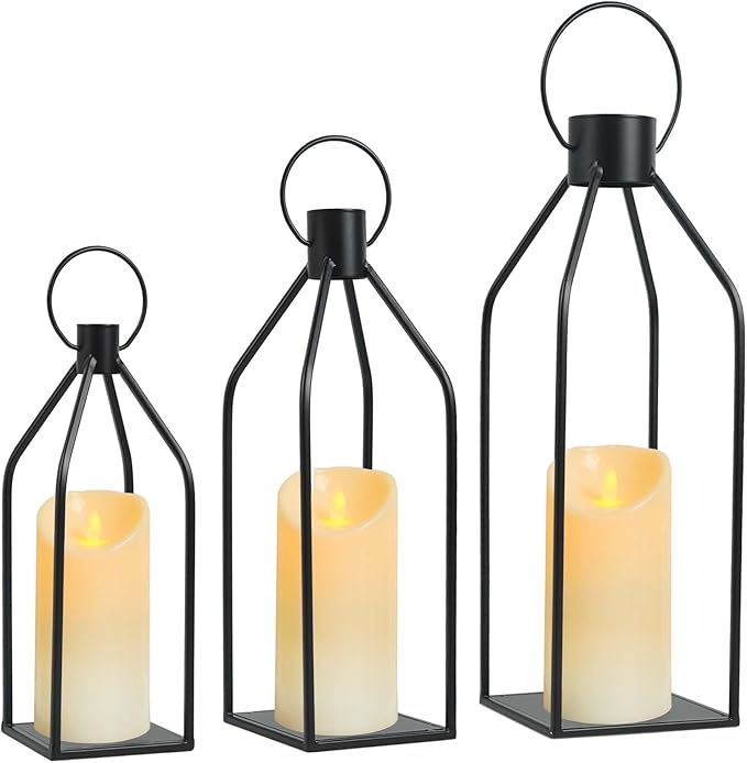 Set of 3 Decorative Lanterns (19"/16"/13") - Black Metal Indoor Outdoor Lanterns with Flickering LED Candles, Front Entrance Decor for Home Wedding Christmas