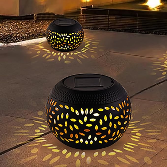 Mothers Day Gifts Solar Table Light Outdoor Waterproof- Solar Powered LED Lantern Hollowed-Out Black Metal Desktop Decorative Lamp for Indoor Desk Bedroom Patio Garden Pathway Yard