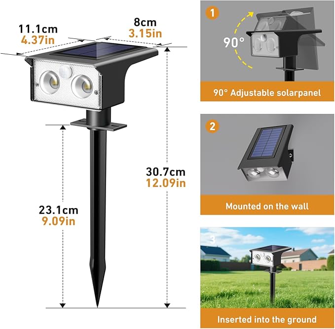 btfarm Solar Spot Lights Outdoor Waterproof, 3 Modes Motion Sensor Lights, Solar Powered Spotlights 2-in-1 Auto On/Off for Outside Pathway Yard Garden Landscape Lighting, Warm White