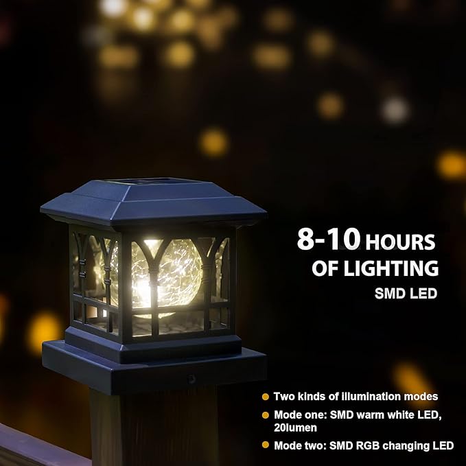 Solar Post Cap Lights, Warm White & RGB Automatic Cycling, Cracked Glass Bulb, 20 Lumens lP65 Waterproof Fit 3.6x3.6 4x4 4.5x4.5 5x5 Wood Fence Post Solar Powered Lights Black (6 Pack)