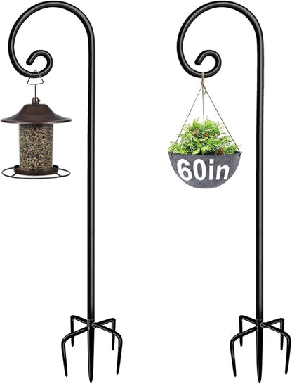Outdoor Shepherd Hooks 60 inch Tall for Bird Feeder (2 Packs), Adjustable Metal Garden Poles for Hanging Plants Solar Light Lantern, Bright Black