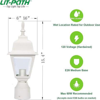 LIT-PaTH Outdoor Post Lighting Fixture Pole Lantern, E26 Medium Base Max 60W, Aluminum Housing Plus Clear Glass, Bulb Not Included, Matte White Finish, 1-Pack