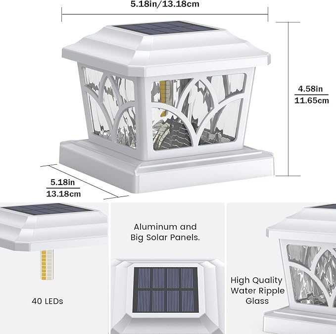SIEDiNLAR Solar Post Cap Lights Outdoor 4 Modes 40 LEDs Aluminum Glass Fence Post Light for 4x4 5x5 6x6 Vinyl Wooden Posts Patio Deck Decor, Warm White & Cool White Dynamic Lighting White (4 Pack)