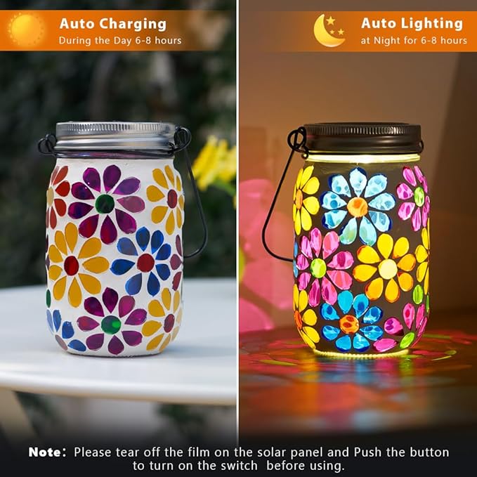 Stargarden 4Pack Mosaic Solar Lantern ,Mosaic Lights ,Outdoor Hanging Jar Lights ,Waterproof Solar Lamps for Tree, Garden, Patio, Yard, Outdoor(Flower)