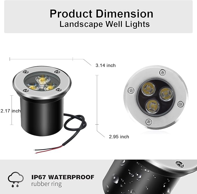 4 Pack Low Voltage LED Landscape Lights - 3W 12V/24V IP67 Waterproof In-Ground Well Lights with Convex Lens for Driveway, Garden, Pathway, Deck (Warm White 3000K) + 8 Wire Connectors Included