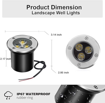 4 Pack Low Voltage LED Landscape Lights - 3W 12V/24V IP67 Waterproof In-Ground Well Lights with Convex Lens for Driveway, Garden, Pathway, Deck (Warm White 3000K) + 8 Wire Connectors Included
