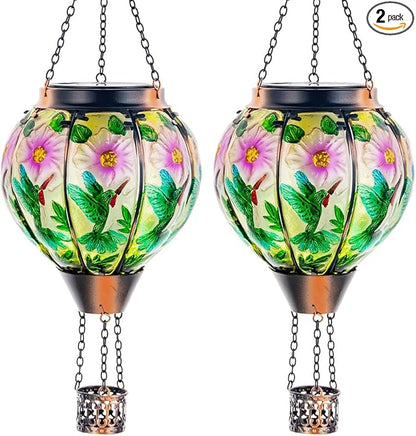 DREAMSOUL 2PCS Hummingbird Hot Air Balloon Solar Lantern, Hanging Glass Solar Lanterns Outdoor Waterproof for Garden Tree