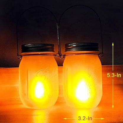 Mason Jar Solar Lights Lanterns, 6-Pack Amber Flame Flicker Lights with Glass Mason Jar,Best for Wedding Garden Patio Outdoor Solar Powered Hanging Lanterns(Jars & Hangers Included)