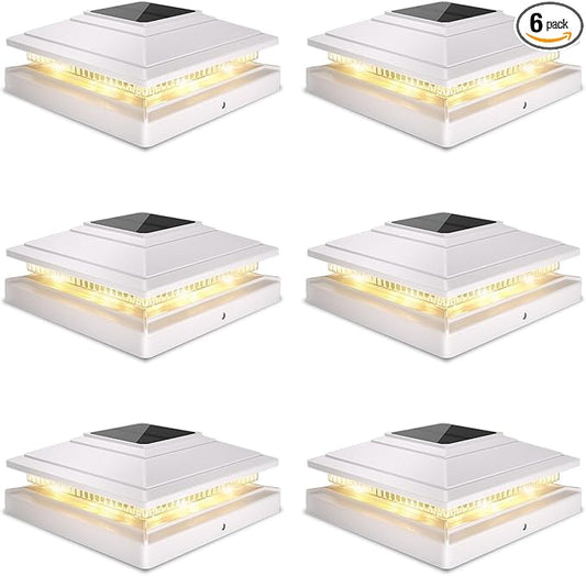 Post Cap Lights Outdoor 6pack, Waterproof Fence Post Solar Lights for 4x4 5x5 6x6 Wood/Vinyl Posts, White Solar Deck Post Lights with 2 Color Modes Decorate Garden Patio Porch Backyard