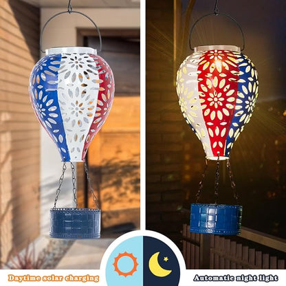 Solar Hot Air Balloon Lantern,Hanging Lantern Outdoor Waterproof Decorative Metal LED Solar Lights for Trees Patio Garden Yard Porch Decor, Flag