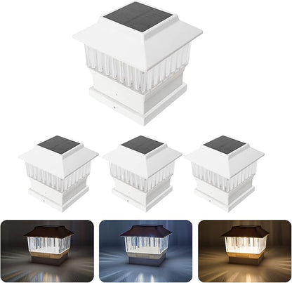 Solar Post Cap Lights 4 Pack, Modern #2: Fits True 4x4 Vinyl & 5x5 Wood Posts, 3 Color Temperature, 50 Lumen Waterproof Outdoor Lights for Deck Fence, Elegant White