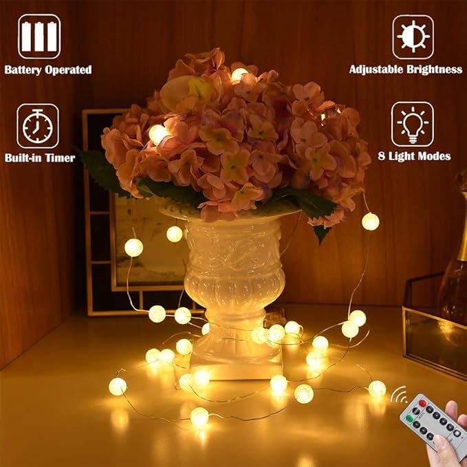 Globe String Lights, Crystal Ball Led String Lights Warm White, 10ft 30 LED Grandhome Fairy Lights Battery Operated Waterproof, 8 Modes with Remote Control, for Indoor Outdoor Bedroom Party Wedding …
