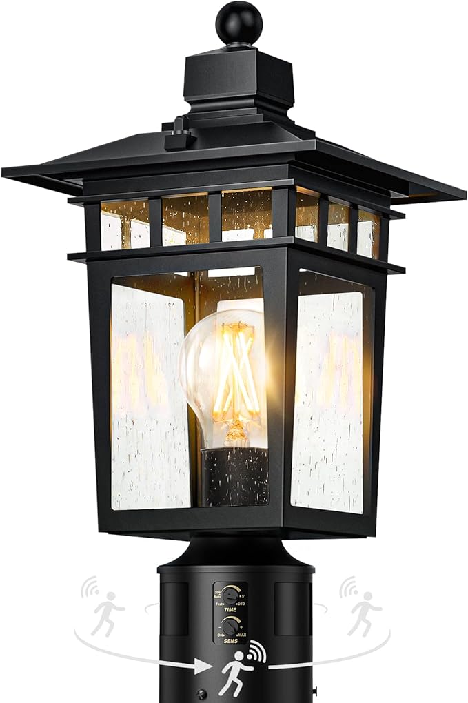 360° Motion Sensor Outdoor Post Lights, 4 Lighting Modes Lamp Post Light Fixture Dusk to Dawn, Waterproof Aluminum Black Pole Light Post Outdoor Lighting for Outside Garden Fence Yard,Hard Wired