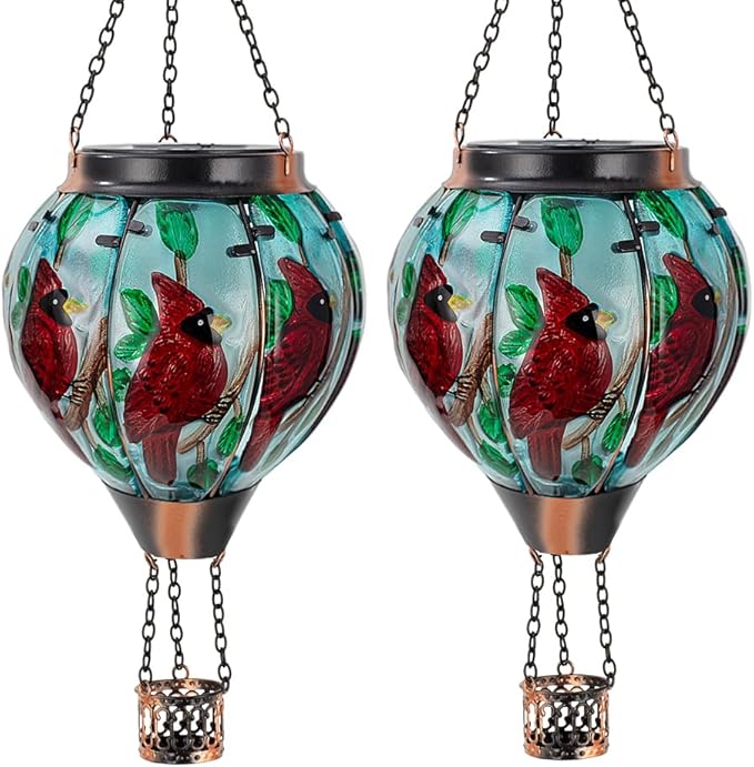 2 PCS Cardinal Hot Air Balloon Solar Lantern with Flickering Flame Light,Glass Hanging Solar Lights Outdoor Waterproof for Patio Yard Party Gift Decor