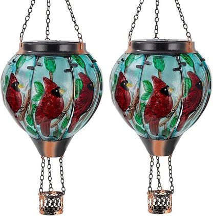 2 PCS Cardinal Hot Air Balloon Solar Lantern with Flickering Flame Light,Glass Hanging Solar Lights Outdoor Waterproof for Patio Yard Party Gift Decor