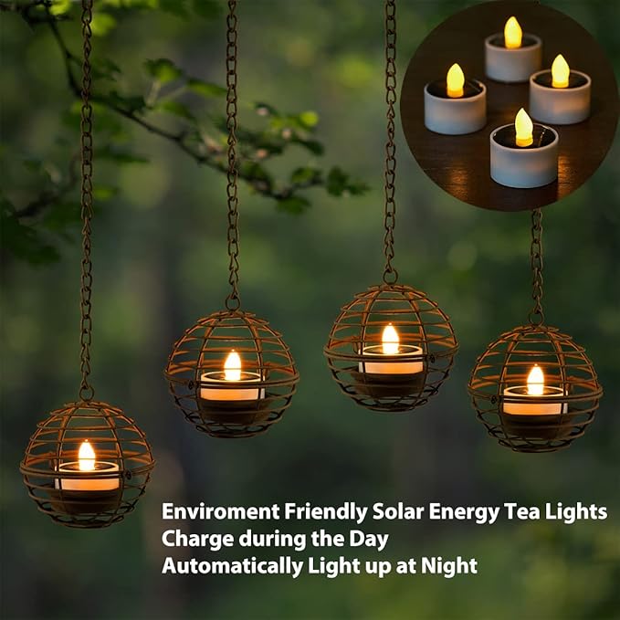 Courtyard Solar Hanging Lanterns 4-Pack, Metal Patio Decor