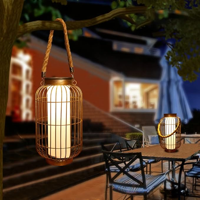 pearlstar Large Solar Powered Lantern Outdoor-Heavy Duty Metal Hanging Lights Decorative Solar Table Lamp Waterproof for Outside Patio Yard Garden Porch Tabletop Decor (Copper)