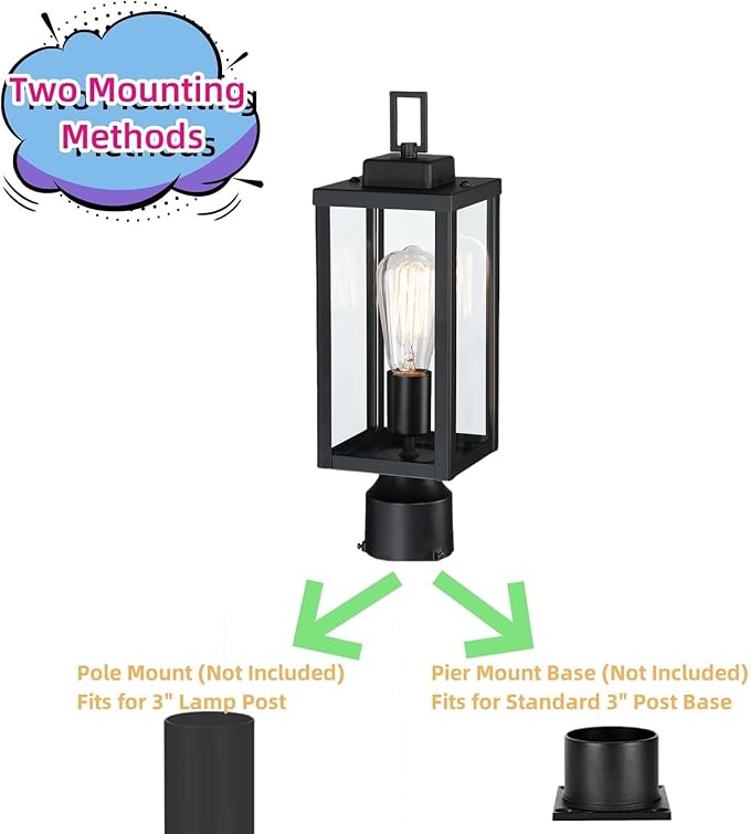 WISBEAM Outdoor Post Light, Pole Lantern, E26 Base 60W Max, Metal Housing Plus Glass, ETL Qualified, Bulbs not Included