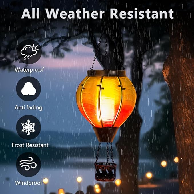 Hot Air Balloon Solar Lantern with Flickering Flame, Glass Outdoor Lantern Waterproof Hanging Lamp Decor for Patio, Porch, Garden(Green & Purple)