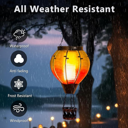 Hot Air Balloon Solar Lantern with Flickering Flame, Glass Outdoor Lantern Waterproof Hanging Lamp Decor for Patio, Porch, Garden(Green & Purple)