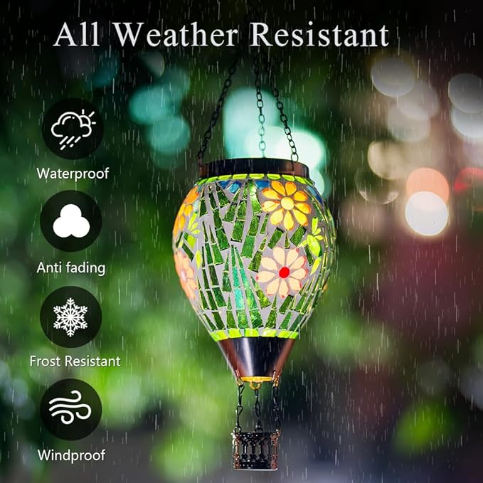 Mosica Hot Air Balloon Solar Lantern, Flower Pattern Glass Hanging Solars Lanterns Outdoor Waterproof Decorative Solar Light for Garden, Yard, Patio Decor