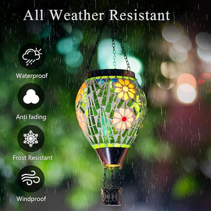 Mosica Hot Air Balloon Solar Lantern, Flower Pattern Glass Hanging Solars Lanterns Outdoor Waterproof Decorative Solar Light for Garden, Yard, Patio Decor