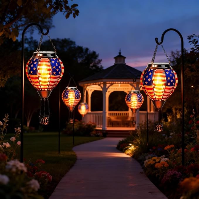 Larekook Solar Hot Air Balloon - Solar Lanterns Outdoor Hanging Waterproof for Garden Yard Patio Farmhouse Decoration，Stained Glass Flag