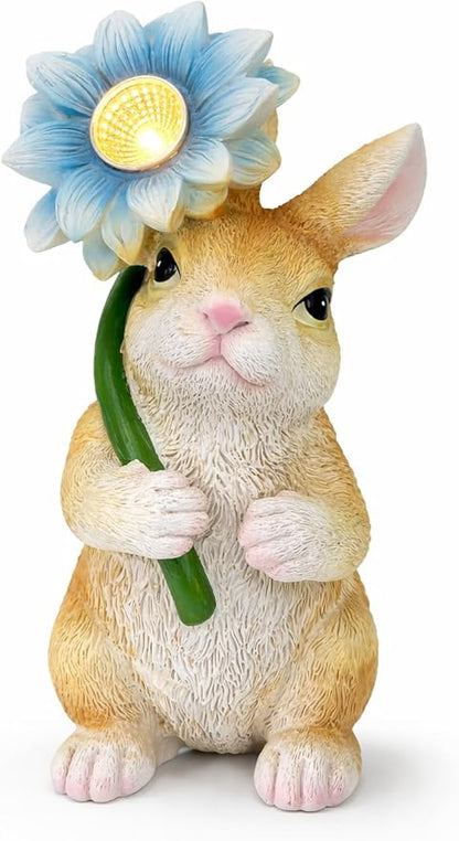 Solar Bunny Garden Statue with LED Flower – Hand-Painted Resin Rabbit Figurine, Outdoor Solar Light Decor for Yard, Patio, Porch, Lawn (Rabbit)