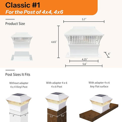 8 Pack Solar Post Cap Lights - Classic #1: for Flat Surfaces & 4x4 Vinyl, Also Fits 4x6 Wood (Sits-On-Top), 25 Lumen 3000K Warm White, Outdoor Deck Fence Light, Waterproof, Elegant White